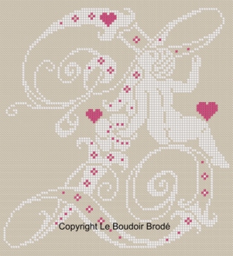 Downloadable cross stitch chart. Monogram Z, angel and hearts