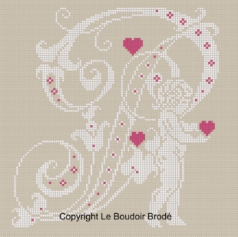 Downloadable cross stitch chart. Monogram P, angel and hearts