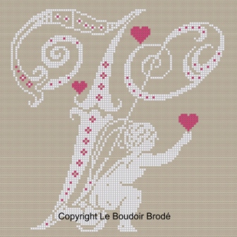 Downloadable cross stitch chart. Monogram V, angel and hearts