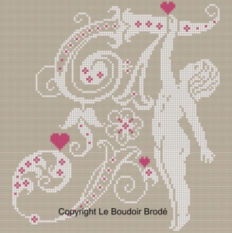 Downloadable cross stitch chart. Monogram T, angel and hearts