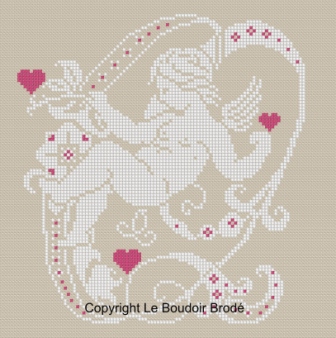 Downloadable cross stitch chart. Monogram Q, angel and hearts